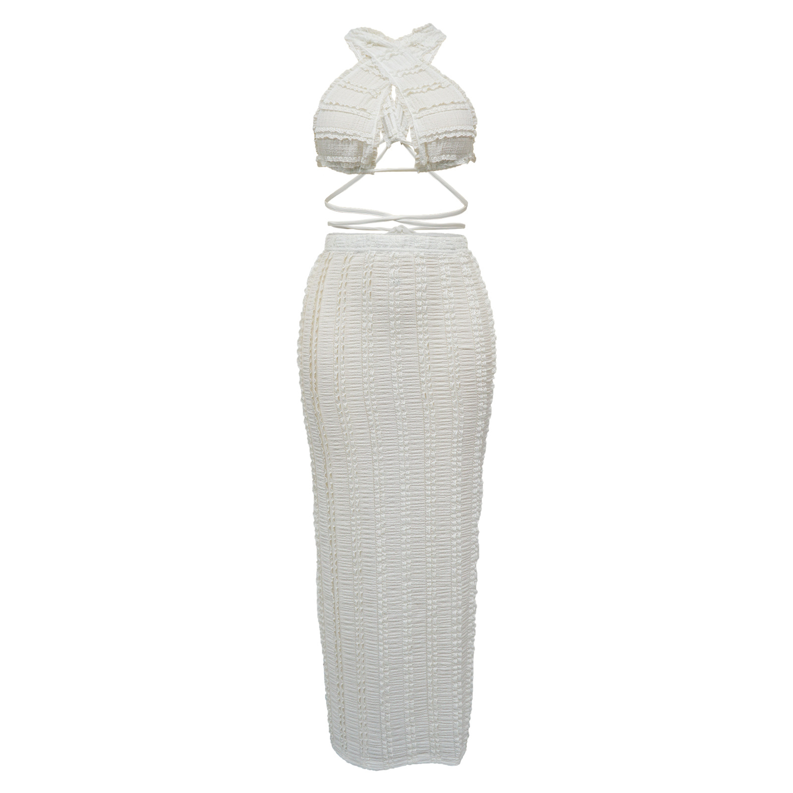 Completo da donna in denim con pizzo, senza maniche e schiena scoperta_voghion.com