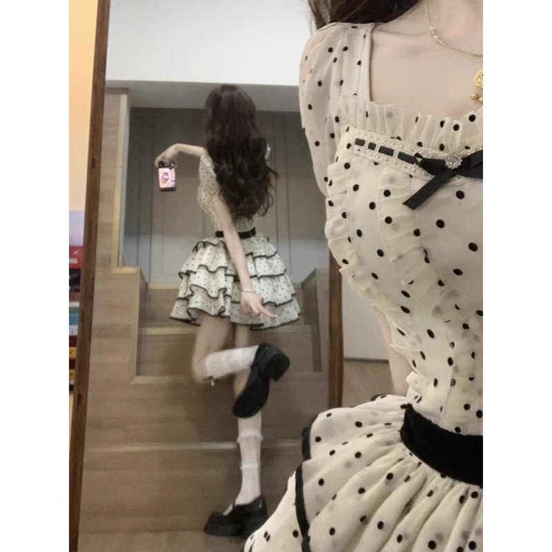 Short-sleeved polled dress women's mid-length sweet and cute girl's summer waist slimming puffy princess cake skirt