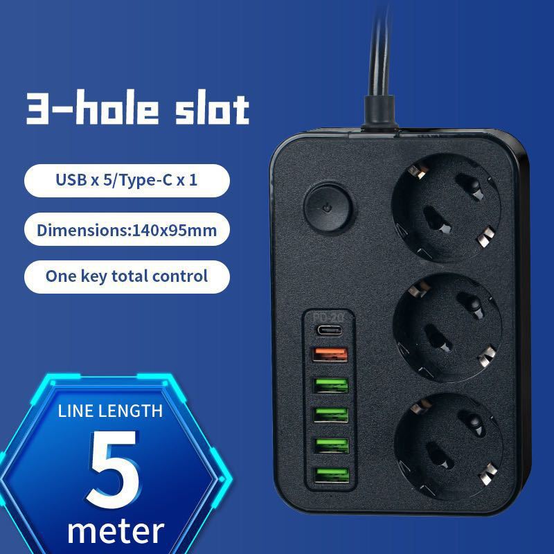 Enchufe estándar europeo 3-bit agujero redondo + 5 * USB/1type-C 5 M