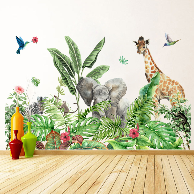 跨境新款大象长颈鹿小鸟猴子布置装饰墙贴 北欧热带雨林树叶墙贴