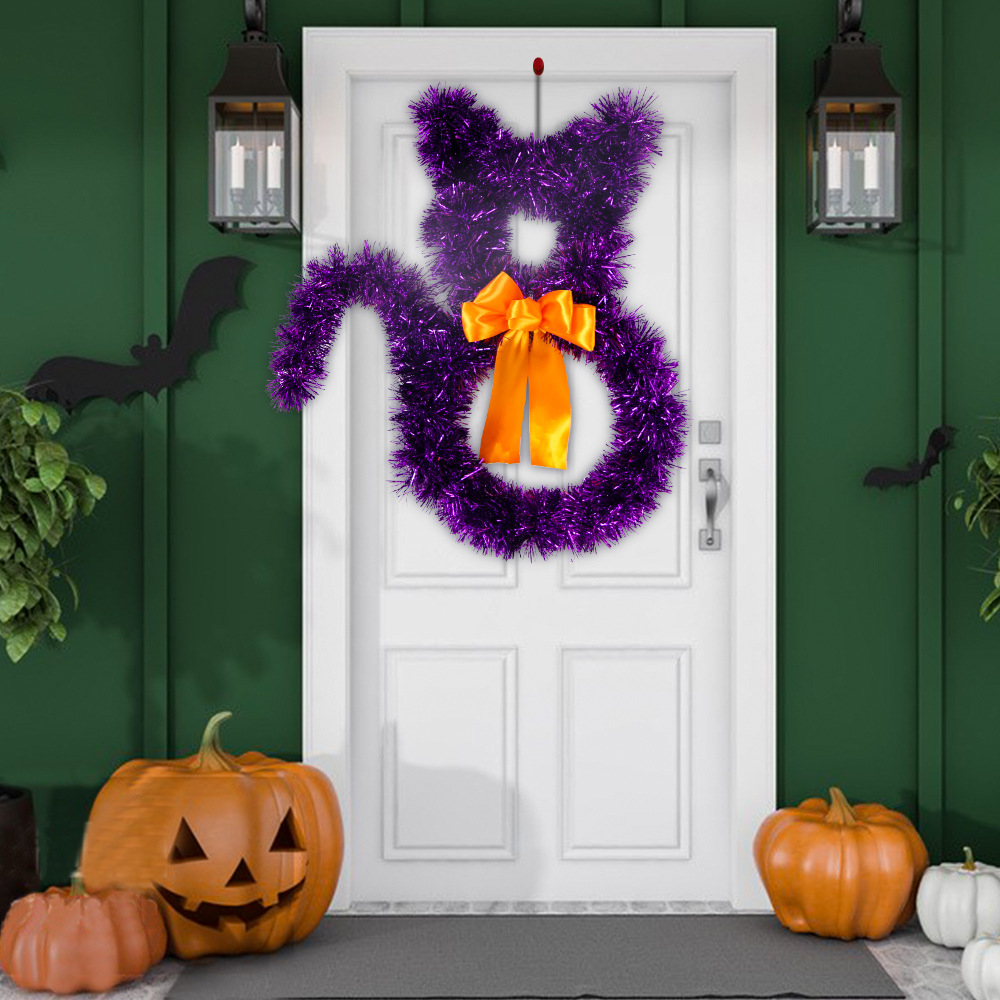 Adorno Colgante de Halloween 2025, Estilo Americano, Aro de Mimbre Plegable con Forma de Gato, Decoración Negra para el Hogar, Colgante DIY