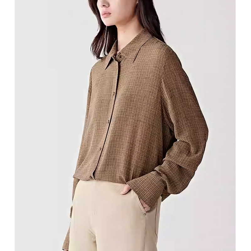 【Le Order】Women's 2026 Summer New Silk Crepe Long Sleeve Shirt Vintage Deep Brown Striped Plaid Top