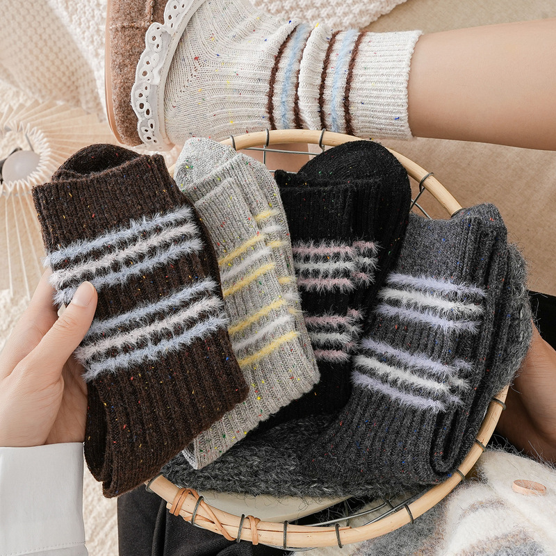 Furry Wool Socks Korean Style Striped Women's Socks Coffee Color Warm Thick Socks Warm Velvet Autumn and Winter Boot Socks Retro Literary