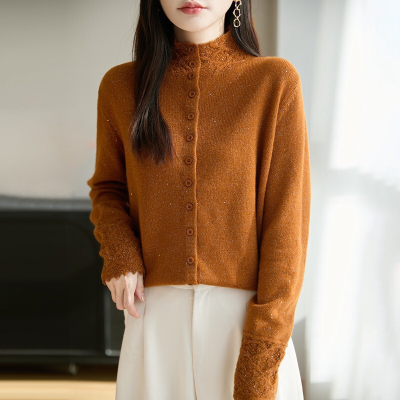 Raccoon Velvet Inner Layer, Seven-Stitch Thickeneded Half Turtleneck Knitted Cardigan, Autumn and Winter New Style, Cut Out Crochet Long-Sleeved Outer Layer