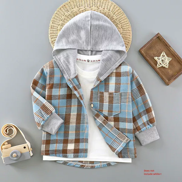 Children's long-sleeved shirt Plaid baby spring and autumn clothing top children's cardigan shirt Western style children's spring and autumn hooded