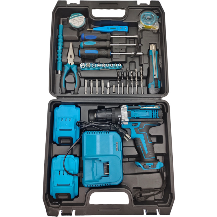 Fábrica de fuente de litio conjunto completo de accesorios hierro pinza taladro eléctrico de impacto de doble velocidad 21v taladro eléctrico de litio torsión súper fuerte