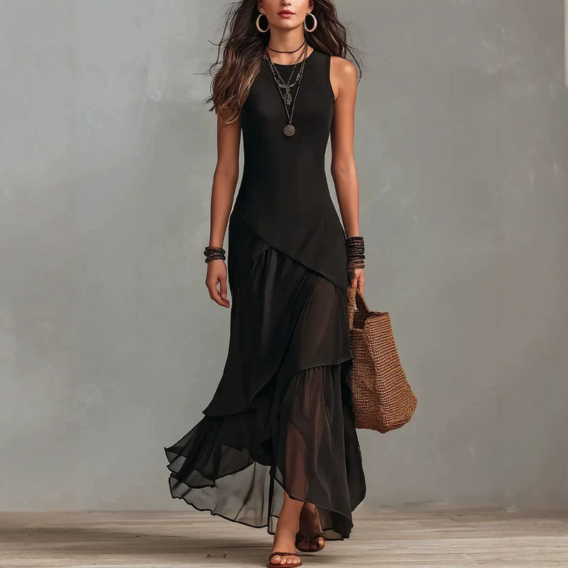 Pure Black Sleeveless Round-Neck Slim-Fit Dress with Irregular Layered Chiffon Ruffles for a Flowy Holiday Look Pure Black Sleeveless Round-Neck Slim-Fit Dress with Irregular Layered Chiffon Ruffles for a Flowy Holiday Look
