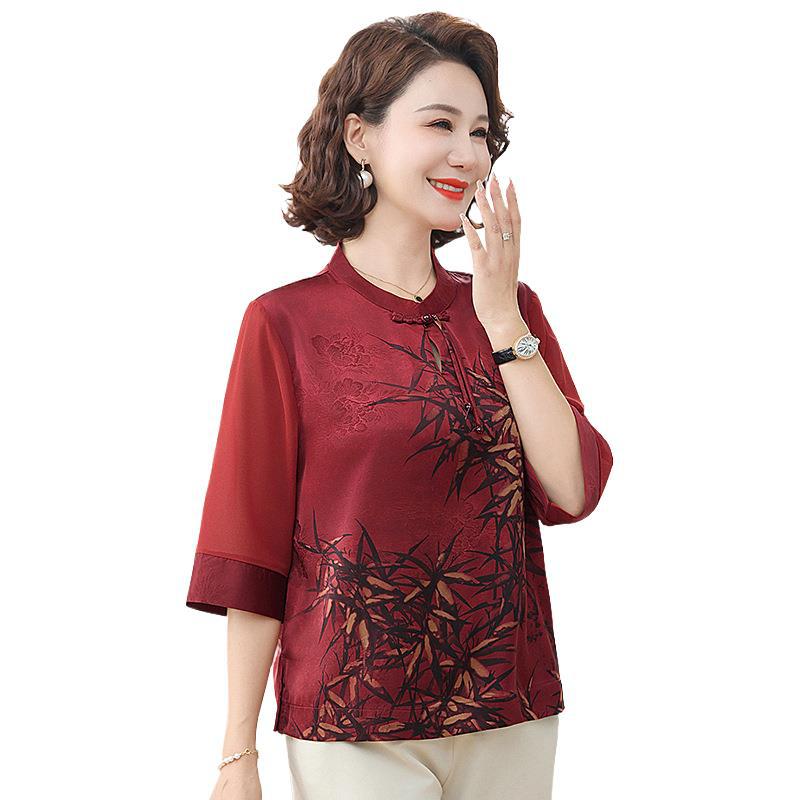中年妈妈春装仿真丝小衫25新款中老年夏季国风上衣女奶奶中袖唐装