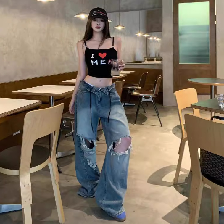 RHGD实拍！美式复古高街水洗做旧破洞牛仔裤女宽松显瘦直筒阔腿裤