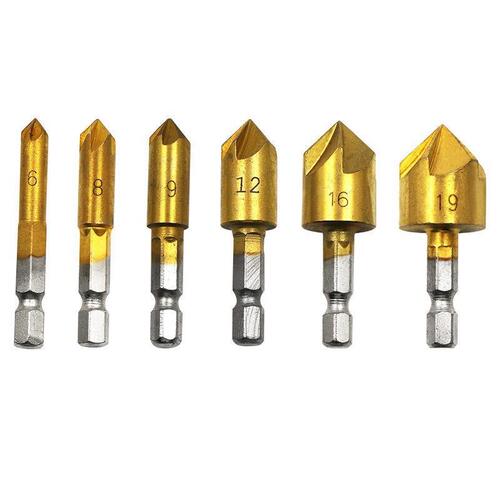 Cross-border hexagonal handle titanium-plated five-edged chamfering tool 6-19mm woodworking chamfering knife set 6pcs woodworking hole opener