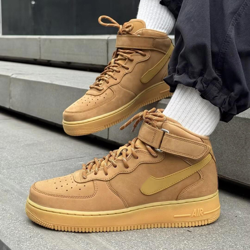High-Quality Af1 Wheat-Colored Air Force One Suede High-Top Fleece-Lined Sports Sneakers for Men and Women, Warm Casual Trendy Shoes