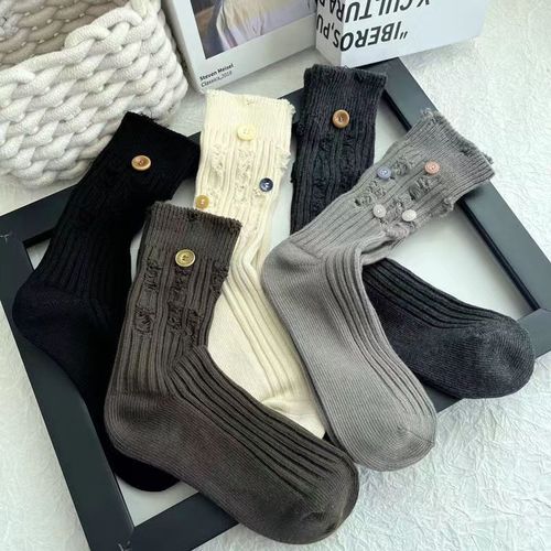 Women's Spring and Summer New Heavy Work Hand-Stitched Button Decorative Hole Socks Beggar Socks Ins Knee-High Socks