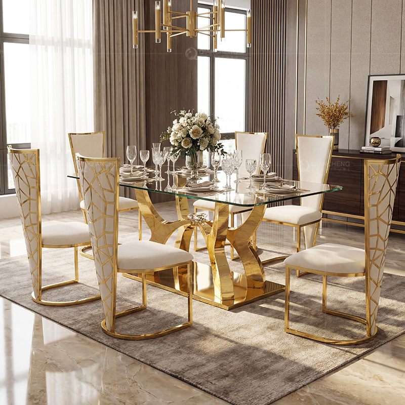 Mesa de Comedor Moderna de Acero Inoxidable con Vidrio Templado, Desmontable, para Comedor