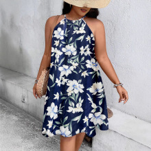 新款大码女装 度假风挂脖花朵树叶印花A字裙海边比基尼罩衫连衣裙