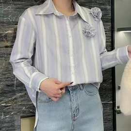 春季新款真丝棉混纺条纹手工花朵衬衫翻领气质长袖上衣77