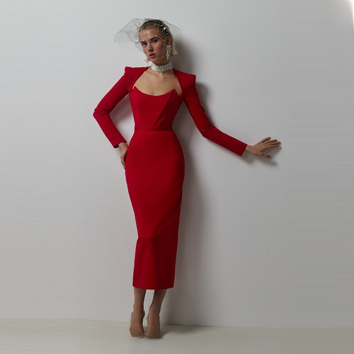 Women's Spring Elegance Audrey Hepburn Style Square Collar Ox Horn Shoulder Long Sleeve Bandage Dress Handmade