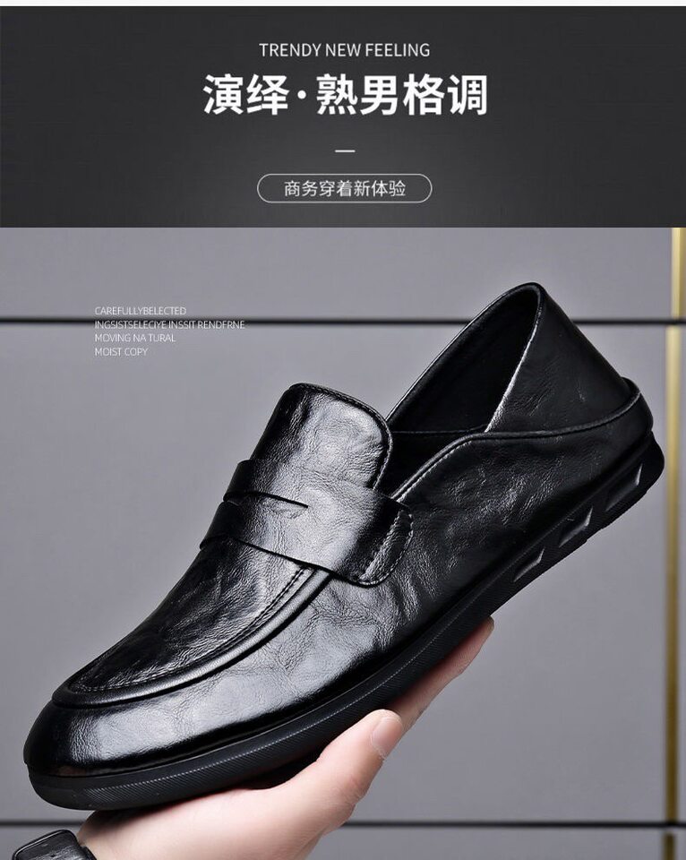 Giày lười nam da bò kiểu mũi dẹt gót bằng chống trượt, đế mềm êm chân — Đen [Siêu Di Chuyển], da bò đen chi tiết 8