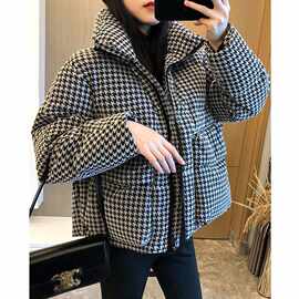 冬季胖mm300斤大码千鸟格棉服女韩版宽松百搭显瘦棉衣棉袄外套潮