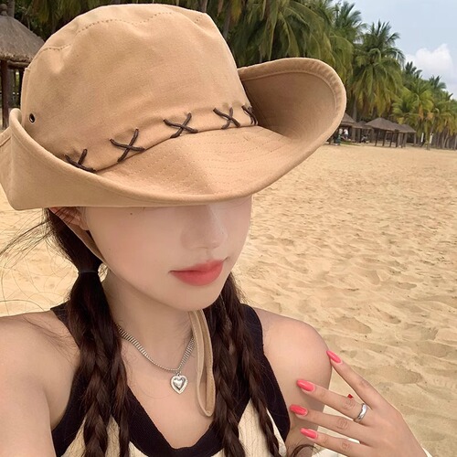 Western cowboy hat women's summer large brim camping hiking hat anti-UV fisherman hat large head circumference sun protection hat