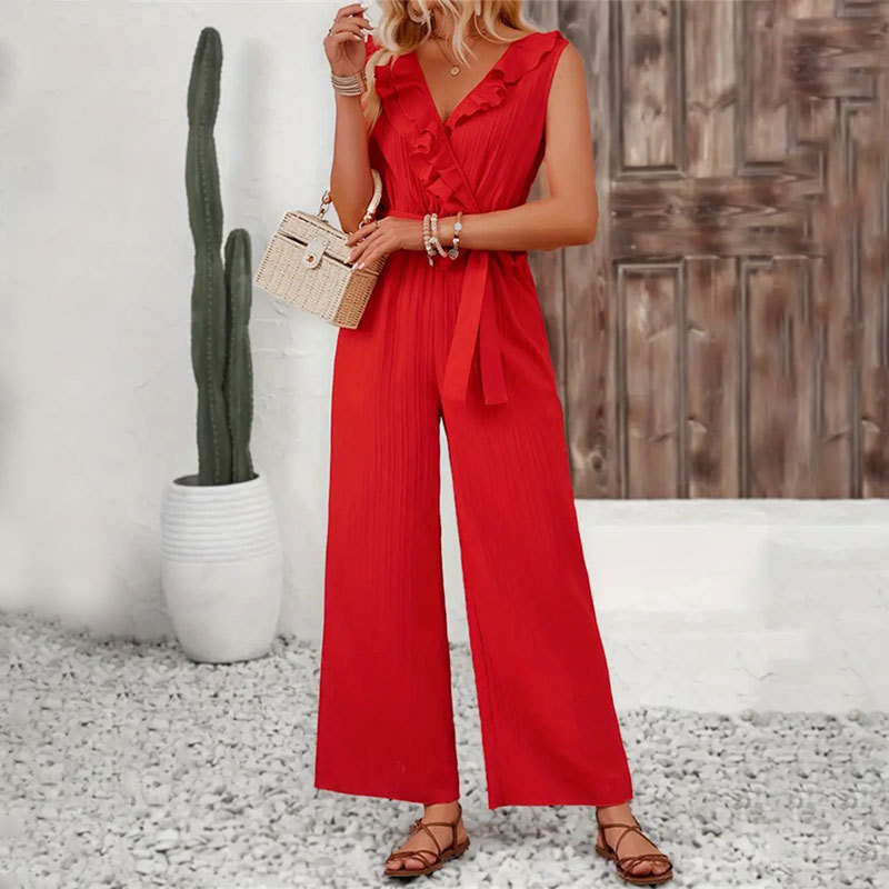 Women Jacquard Striped Ruffled Wide Leg Pants Women Belt Straight Sleeveless Casual Pants Women Jumpsuit