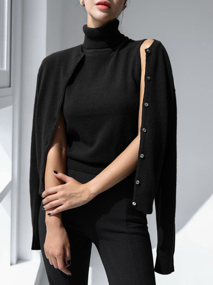 Bộ áo len dệt kim nữ cổ cao không tay kèm áo cardigan dáng suông — Áo vest màu nâu, Áo vest màu xám đậm, áo vest màu vàng, áo vest màu xanh chi tiết 113