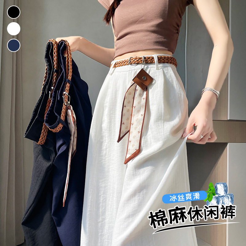 ドレープコットンとリネンの9点パンツ2025新しい夏の女性用パンツ薄いハイウエストカジュアル多用途ストレートスーツパンツ|undefined