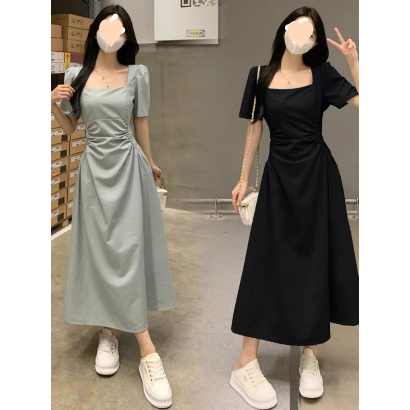 Plus Size French Right Shoulder Square Neck Pleated Dress for Women in Summer Fat Slimming Commuter Waist Slimming Long Skirt