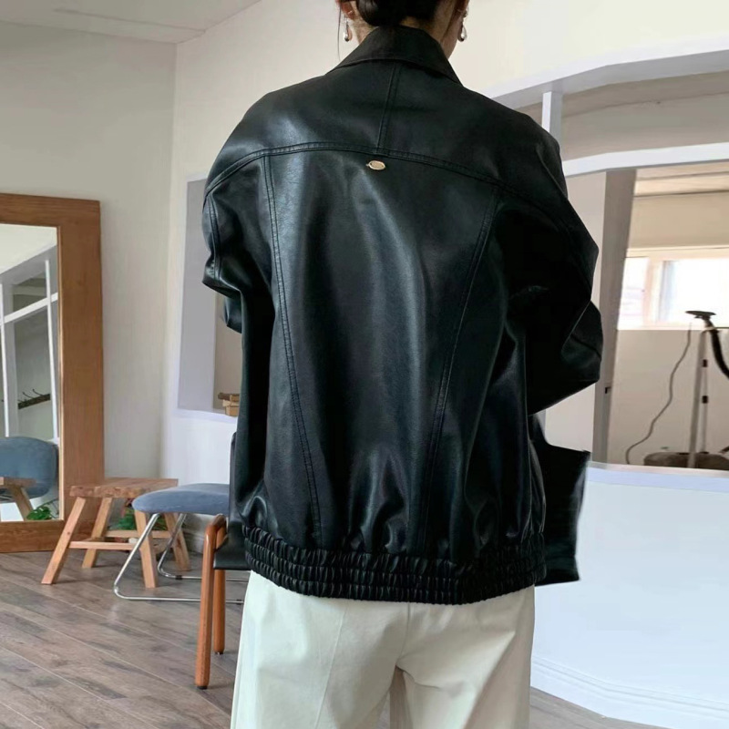 东大门秋冬装法式帅气做旧翻领拉链宽松百搭BF风机车服PU皮衣外套|undefined