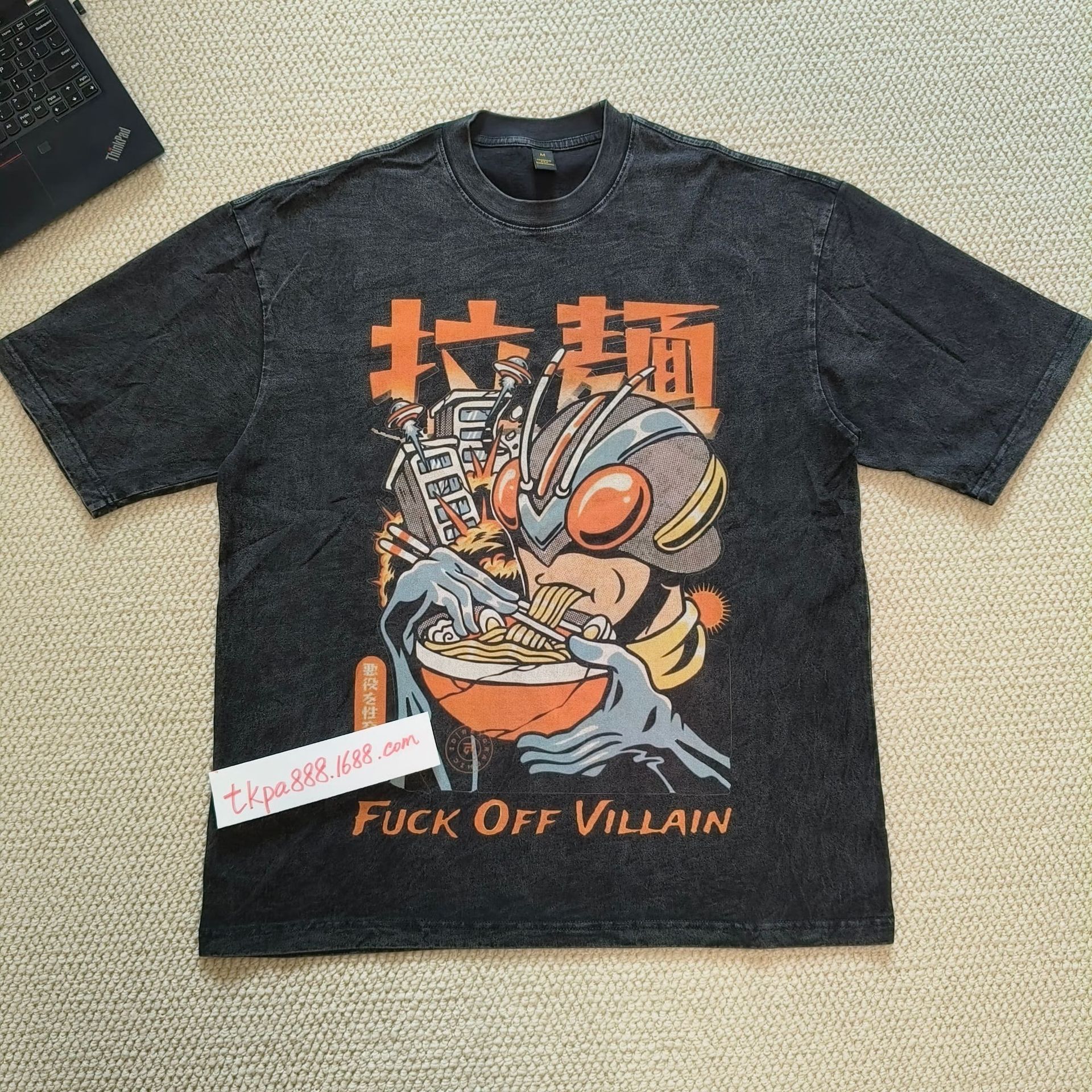 TKPA Men's Trendy Brand Short-Sleeve T-Shirt—Japanese-Style Playful Anime Print, Washed & Distressed Vintage-Inspired Base Layer T-Shirt