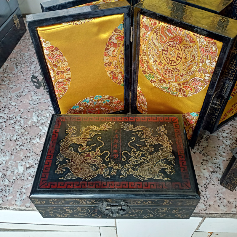 仿古漆器铜丝镶嵌茶叶礼盒木质长方形复古二龙戏珠手镯珠宝饰品盒