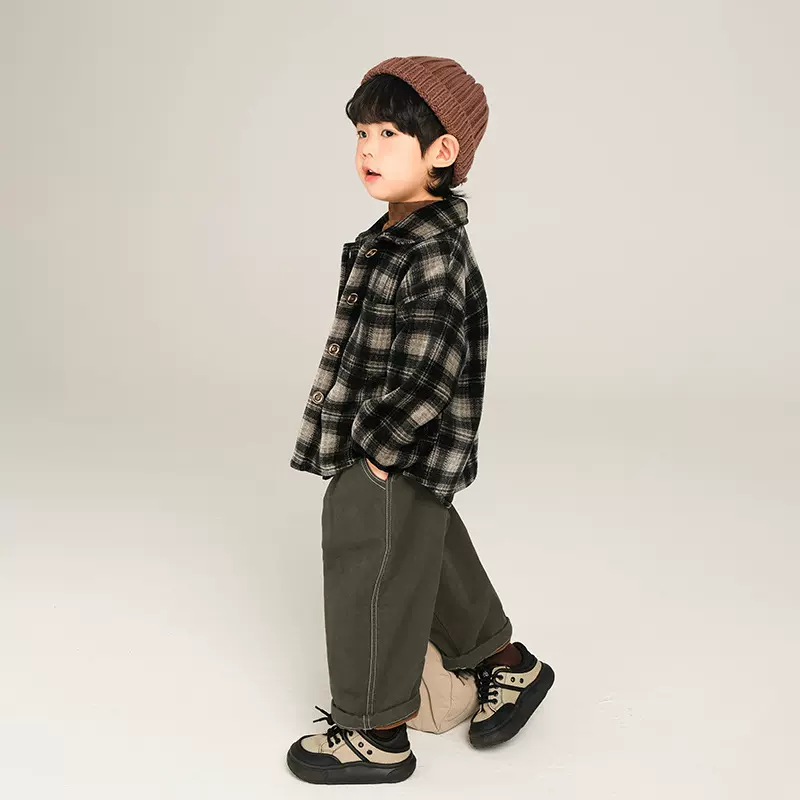 畅果童装男童加绒衬衫冬装新款儿童中小童加厚格子衬衣外套上衣