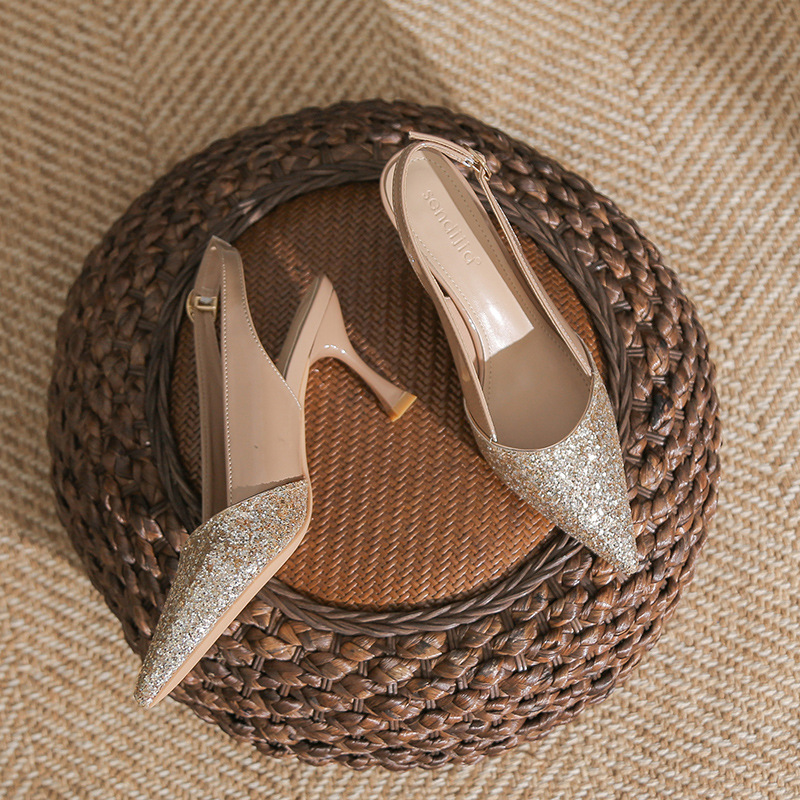Sequin Toe Covered Hallover Sandals Women's Pointed Toe Stiletto Heel 2023 Summer New Arrival Heel High-Heel Mid-Heel Women's Fashion Shoes