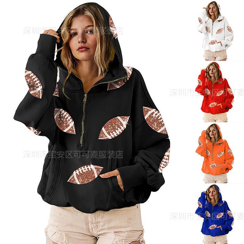 Cross-Border European and American 2025 Autumn and Winter New Style Sequined Rugby Contrast Hooded Sweatshirt Half-Zip Long-Sleeved Pullover for Women Cross-Border European and American 2025 Autumn and Winter New Style Sequined Rugby Contrast Hooded Sweatshirt Half-Zip Long-Sleeved Pullover for Women