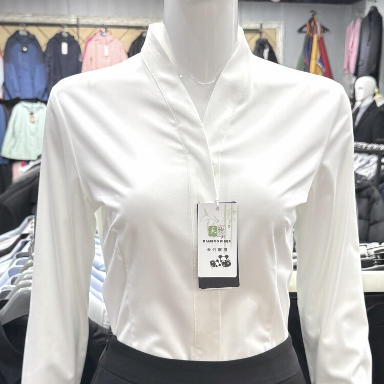 V-Neck White Shirt for Women, Long-Sleeved, Flight Attendant Style, Professional Attire, High-Speed Rail Stewardess Interview Work Clothes, Women's Shirt