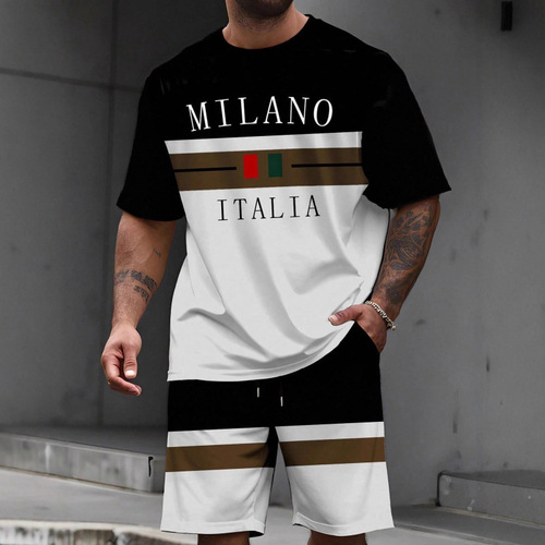 Fashionable New 3D Digital Printing Men's Short Sleeve T-shirt + Shorts Set with Fashionable Multi-color Prints