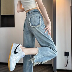 広脚ジーンズ女9分小柄150cm夏服八分高腰ゆるい毛辺破穴乞食ストレートパンツ
