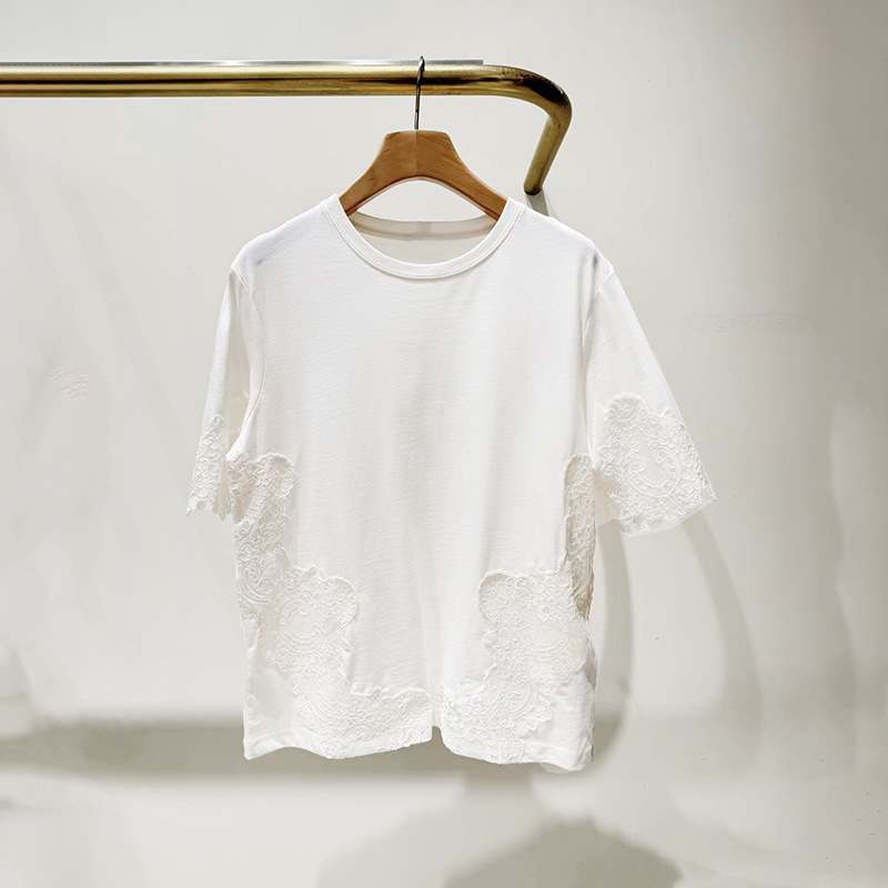 French-Style Niche 2026 Spring/Summer Cotton White Color-Blocked Round-Neck Lace Patchwork Embroidered T-Shirt Top 26286