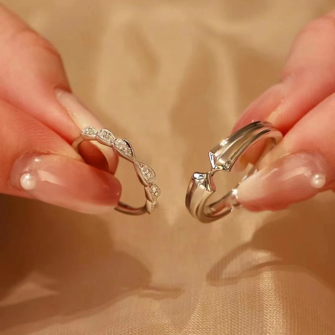 Sterling Silver Little Red Book Same Style Sugar Cube Knight Princess Couple Ring Ring Set with Diamond Geometric Shape Adjustable Engagement Ring