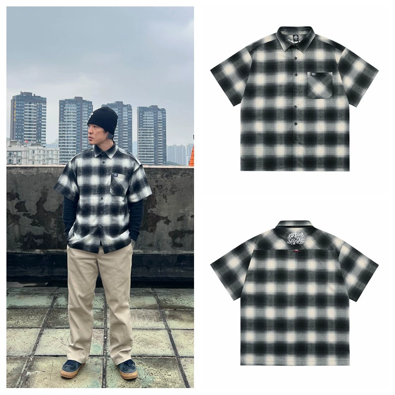 Old school большой клетчатый классический толстый карман с пятицентным рукавом большой кардиган большой размер рубашка с короткими рукавами