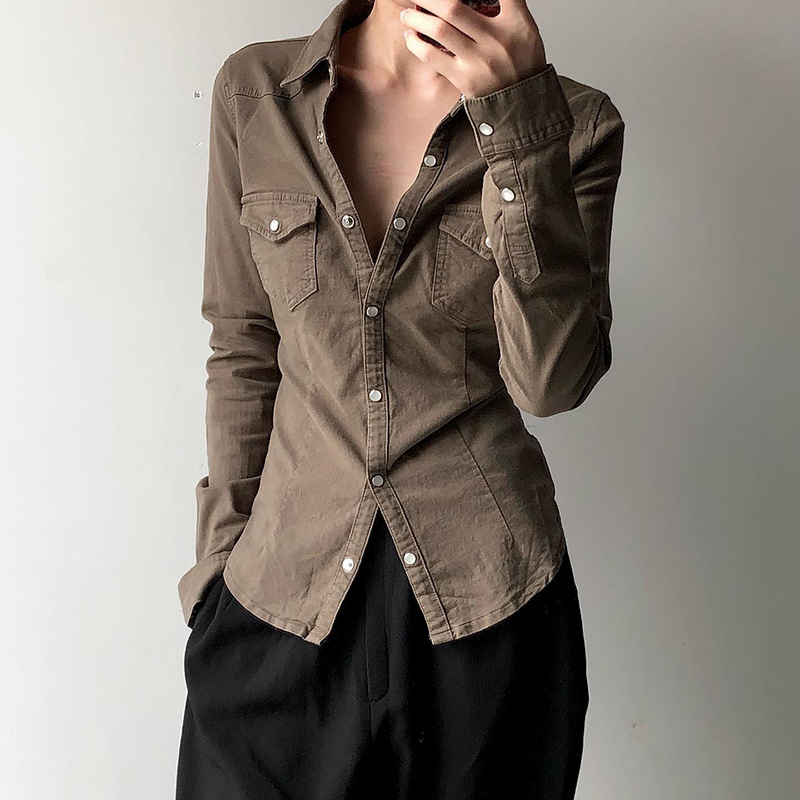 2026 American Retro Style Ruched Lapel Shirt Top, Street Style Slim-Fit Denim Long-Sleeve Jacket for Women