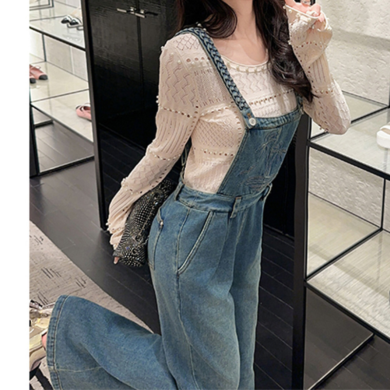 Spot Bequeen [Sea Coconut Holiday] Retro Soft Embroidered Niche Woven Shoulder Straps Denim Overalls for Women