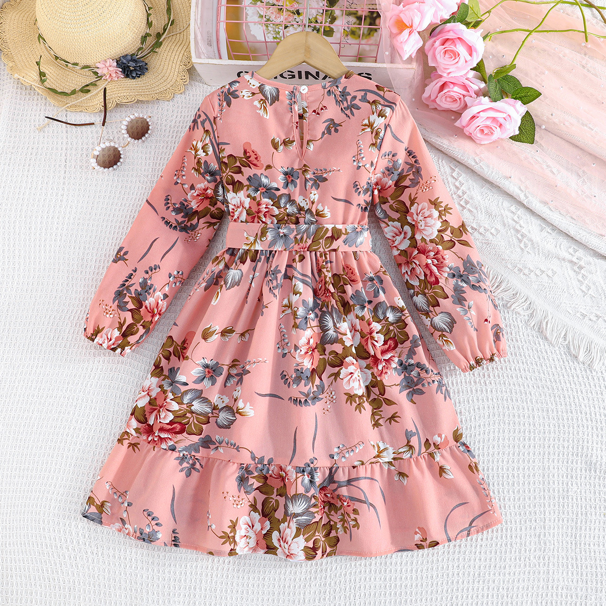 2024 Sommer neues zweiteiliges Set mit Blumendruck für Mädchen und Kinder mit langen Ärmeln und Gürtel_voghion.com