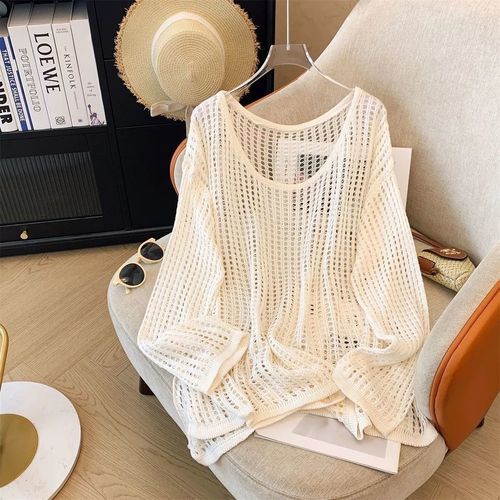 Women's Summer Lazy Style Loose Sun Protection Blouse with Hollow Knit Long Sleeve, Round Neck Design, Pure Color Top with Unique Details