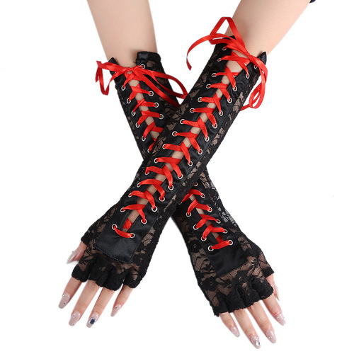 European and American sexy lace strap gloves, long temptation ribbon rivets, half-finger ceremonial ball gloves, nightclub cool