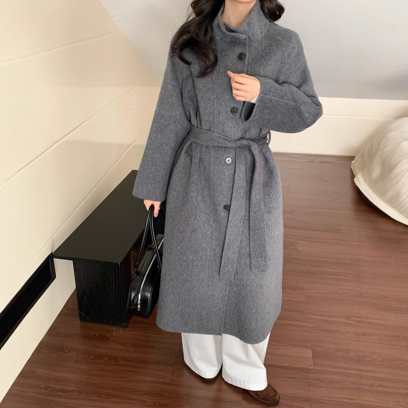 Korean-Style Stand-Up Collar New Year Coat for Women, Double-Sided Cashmere Wool, Autumn and Winter 25 New Single-Breasted Long Woolen Coat for Women