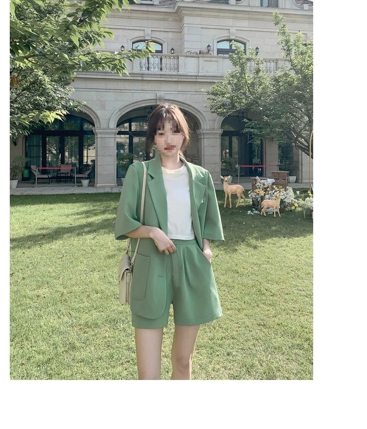 Bộ blazer nữ tay ngắn kèm quần short Hàn Quốc mỏng nhẹ mùa hè — Màu đen [Vải], Cỏ xanh [Vải], Gạo trắng [Vải], Màu hồng [Vải] chi tiết 11