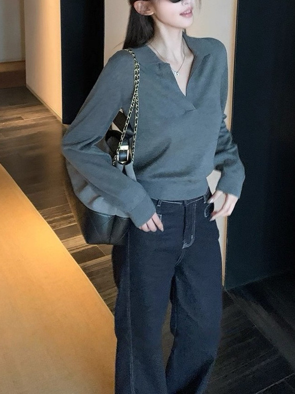 高智淡人毛衣 老钱风Polo领针织衫女慵懒休闲V领长袖上衣|undefined