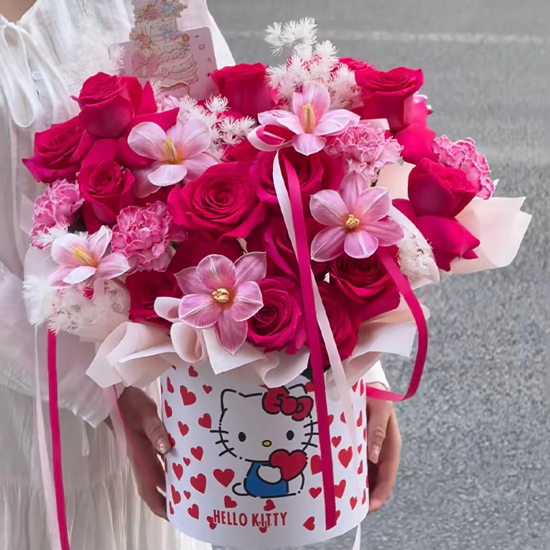 Ramo de flores para el Día del Niño, cesta de abrazos con lazo, caja de arreglo floral con gatito, ramo de cumpleaños para novia o mejor amiga. image 3