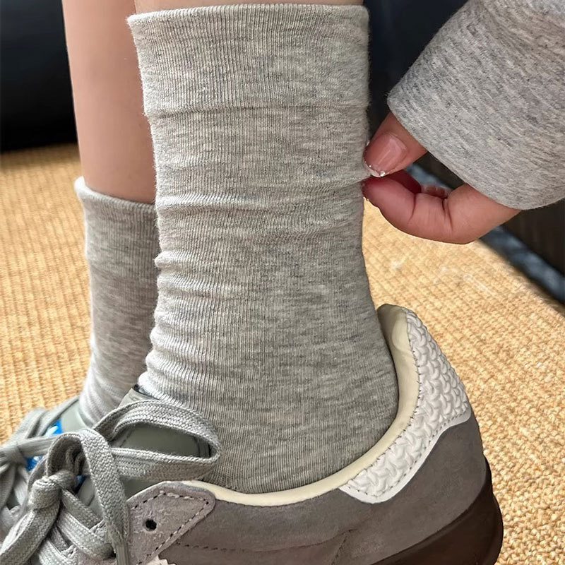 Grey Spring and Autumn Boneless Cotton Stacking Socks Japanese Solid Color Daily Commuter All-Match Moon Socks Cotton Socks