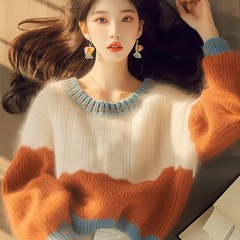 橘色拼接针织衫毛衣女2025秋冬小众设计感印花圆领上衣